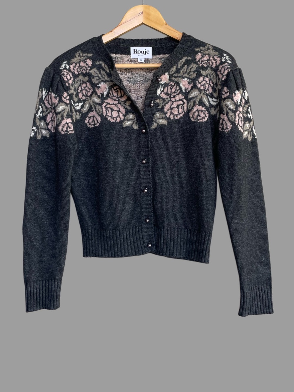 ROUJE Gray & Pink Floral Wool Cashmere Retro Robert Puff Sleeve Cardigan Sweater - Picture 8 of 13